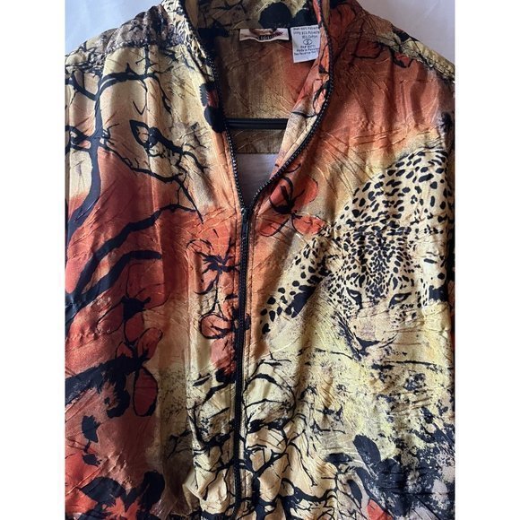 Kaktus Animal Print Orange Gold Black Zip Up Long Sleeve Shirt Jacket Mob Wife - Picture 2 of 6